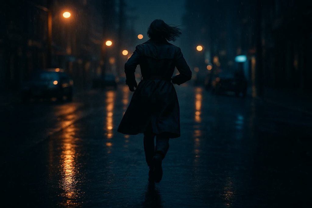 雨の夜の街を一人で走る女性の後ろ姿